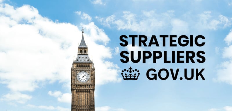 A picture of the Victoria Tower with the text 'Strategic Suppliers Gov.UK' overlaid.